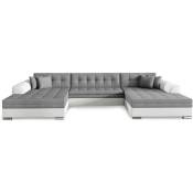 Canapé d'angle panoramique convertible tissu gris et simili blanc Vira 355 cm