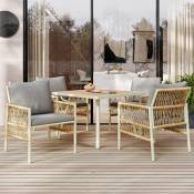 Dans Les Nuages - Salon de jardin, 4 places - en polyrotin - avec 4 chaises, table à manger, coussins - en fer - Beige - Beige
