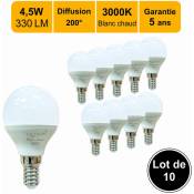 Lot de 10 ampoules LED E14 4,5W 330Lm 3000K - garantie
