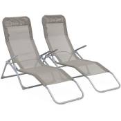 Lot de 2 bains de soleil pliants - Levito Gris taupe- Transats textilène 2 positions. chaises longues - Gris taupe