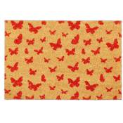 Relaxdays - Paillasson coco, 40x60 cm, tapis d'entrée motif papillon, antidérapant, intérieur et extérieur, nature/rouge