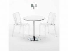 Table ronde blanche 70x70cm avec 2 chaises colorées et transparentes set intérieur bar café dune silver