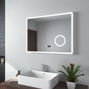 Emke - Miroir de salle de bain led avec Loupe 3 Fois 90x70cm Loupe 3x, Interrupteur Tactile, Anti-buée, Horloge Lumière Blanche Froide
