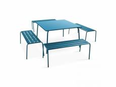 Ensemble table de jardin carrée et 4 bancs en métal bleu pacific - palavas