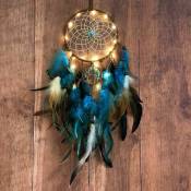 Gabrielle - Attrape-Rêves Arbre De Vie Bleu Avec Plumes, Guirlandes Lumineuses à Led Mobiles Indiens Faits à La Main Filet Circulaire Traditionnel