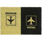 Relaxdays - Paillasson coco, «Arrival Departure», tapis de porte motif d'avion, intérieur, extérieur, 40x60 cm, noir/jaune