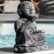 Statue de jardin moine shaolin heureux patiné gris 40 cm - Gris