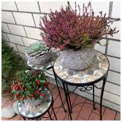 Tabouret à fleurs avec plateau de table en mosaïque de pierre 3-pièces Set de table de jardin résistant aux intempéries - noir