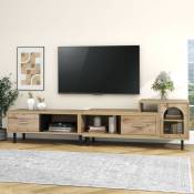 Dolinhome - Meuble tv, extensible en bois, avec 4 compartiments, 2 tiroirs, porte vitrée, marron, 200x40x35cm