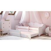 Lit simple pour enfants, Canapé-lit avec deuxième lit gigogne, Lit décoré avec protection antichute, cm 164x88h70, Couleur Blanc et Rose - Dmora