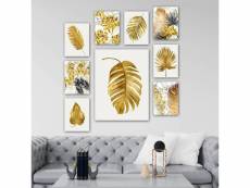Lot de 9 tableaux aranea l20xh15cm motif feuilles tropicales nuances de jaune