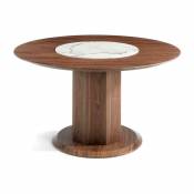 Table ronde bois noyer et plateau tournant en marbre