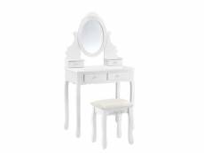 Coiffeuse table de maquillage miroir 4 tiroirs tabouret mdf et bois 141 cm blanc helloshop26 03_0001499
