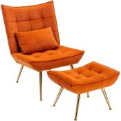 Fauteuil Relax en Velours Fauteuil Loisir Rembourés avec Repose-Pieds Chaise de Salon Scandinave pour Salon, Orange
