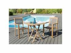 Harris - salon de jardin en bois teck 2 pers - 1 table carrée pliante 70 cm et 2 fauteuils empilables textilène