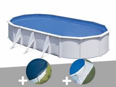 Kit piscine acier blanc gré fidji ovale 7,44 x 3,99 x 1,22 m + bâche hiver + tapis de sol