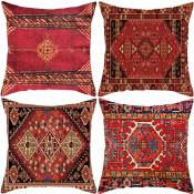 Lot de 4 housses de coussin 45 x 45 cm - Motif abstrait ethnique turc rouge vintage - Housse de coussin décorative en coton et lin - Housse de