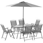Outsunny Ensemble salon de jardin 8 pièces avec grand parasol, table dim.140L x 90l x 70H cm et chaises pour 6 personnes gris