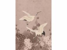 Papier peint panoramique oiseaux de grue gris rose