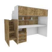Woodyscriv - Lit superposé avec balcon arrière et bureau, échelle de rangement indépendante, - Blanc et chêne - Blanc et chêne
