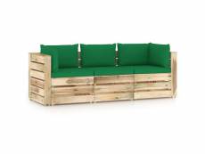 Canapé de jardin 3 places avec coussins bois imprégné de vert