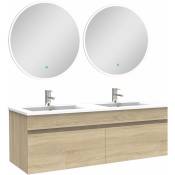Ensemble meubles Salle de Bain double vasque 120cm + miroir rond lumineux Chêne Wotan
