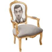 Fauteuil rembourré Fauteuil avec accoudoirs en bois Style français Fauteuil de chambre Chaise de chambre tapissée 100X65X63 cm - gris et or