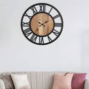 Horloge Murale Minuterie Nibelheim ø 92cm Rond en Fer et Bois de Mangue Style Vintage Noir-Nature Pendule Murale Décorative Silencieuse sans Tic-tac