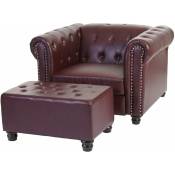 [JAMAIS UTILISÉ] Fauteuil de luxe Chesterfield, fauteuil relax, similicuir pieds ronds, brun rouge avec ottomane - multicolour