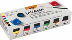 Kreul 90600 - Javana Set de 6 pots de peinture pour tissus clairs de 20 ml avec 1 pinceau Couleurs de base lumineuses Caractère crémeux Résiste au lav