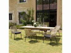 Malo - salon de jardin 6 pers. - 1 table rectangulaire 180x100cm et 6 fauteuils en cordage beige et noir