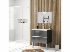 Meuble salle de bains 80cm gris laqué à tiroirs, vasque verre blanc, miroir et led - natura mood