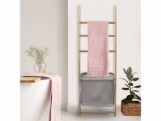 Porte serviette salle de bain en bambou sur pied avec panier à linge de 40l - echelle accroche serviette sans percage - h139 x l44 x p33 - gris OH7545