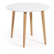 Table extensible ronde Oqui mdf laqué blanc et pieds bois de hêtre 90 (170) x 90 cm - Kave Home