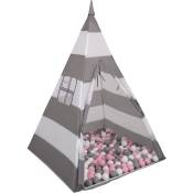 Tipi Tente De Jeu Avec 100 Balles 6Cm Maison De Jeu Pour Enfants, Grises Et Blanches Rayures:Blanc/Gris/Rose Poudré - grises et blanches