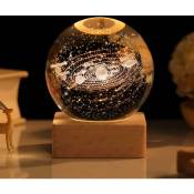 Boule de cristal du système solaire 3D, modèle de planète 3D avec base led en bois, ornement décoratif pour la maison, cadeaux d'astronomie,