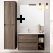 Ensemble meuble de salle de bain 80cm vasque déportée + colonne de rangement - Britannia (chêne foncé) - OLYMPE - Britannia (chêne foncé)