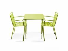 Ensemble table de jardin carrée et 2 fauteuils acier vert - palavas