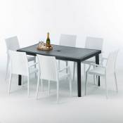 Grand Soleil - Table rectangulaire et 6 chaises Poly rotin colorées 150x90cm noir Enjoy Chaises Modèle: Bistrot Arm Blanc