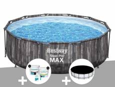 Kit piscine tubulaire ronde bestway steel pro max décor bois 3,66 x 1,00 m + kit de traitement au chlore + bâche de protection