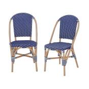Lot de 2 chaises bleu et blanc bistrot en rotin et