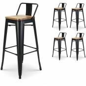 Lot de 4 tabourets de bar en métal noir mat style industriel avec dossier et assise en bois clair - Hauteur 76 cm - Kosmi
