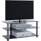 Netasa Meuble tv avec 3 étagères en verre argenté, verre noir.