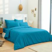 Parure de draps 4 pièces Unicolore Turquoise pour lit 160 x 200 cm Grande Largeur 100% coton / 57 fils/cm²