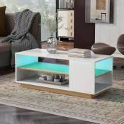 Table basse blanche LED 16 couleurs avec 2 étagères, Table d'appoint multifonctionnelle, Style contemporain, chêne, 100 x 50x 46 cm