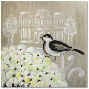 Tableau bois oiseau noir et blanc et des fleurs - 20