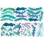 2 feuilles 3D sous la mer algues stickers muraux tortues de mer stickers muraux océan herbe amovible vinyle autocollant mural pour enfants bébé