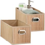 2x Paniers de rangement bambou, corbeille salle de bain, carré, panière, boîte étroite, 14x15x31 cm, pliant, nature