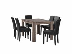 Table à manger en chêne ancien avec 6 chaises noir cuir-synthétique rembourré 140x90 cm helloshop26 03_0004075