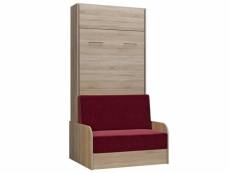 Armoire lit escamotable dynamo sofa canapé accoudoirs chêne naturel tissu rouge 90*200 cm 20100892907